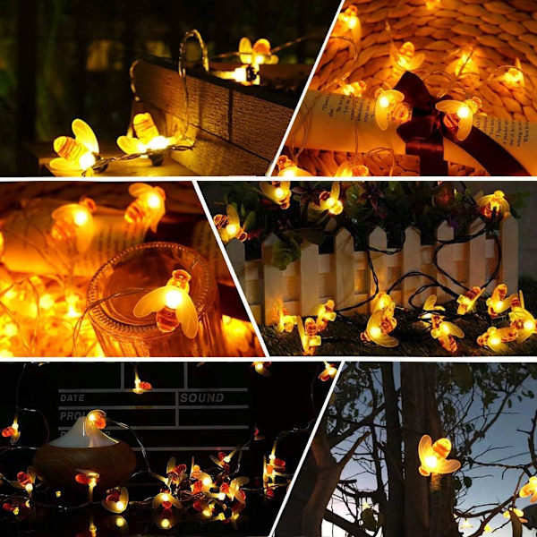 Havebelysning, Honey Bee Fairy String Lights, 7M/24Ft 8 tilstande Vandtæt Udendørs/Indendørs Havebelysning til Blomsterhegn, Plæne, Terrasse, Feston, Sum 1packs 50LED