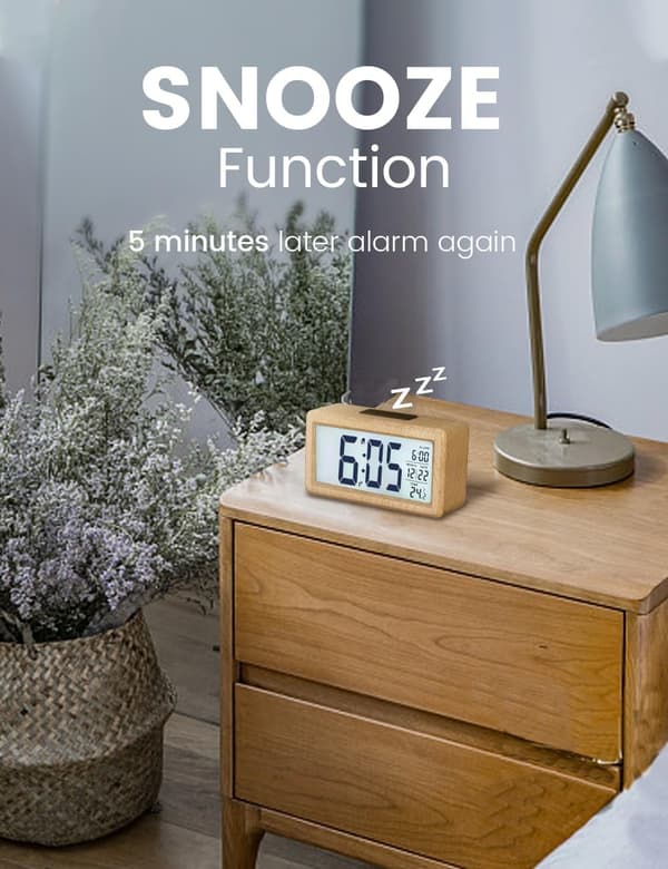 Digital Alarm Clock, Wooden Bedside Clock with Large LCD Backlit Display, Temperature, 3 AAA Batteries Powered【Batteries NOT Included】