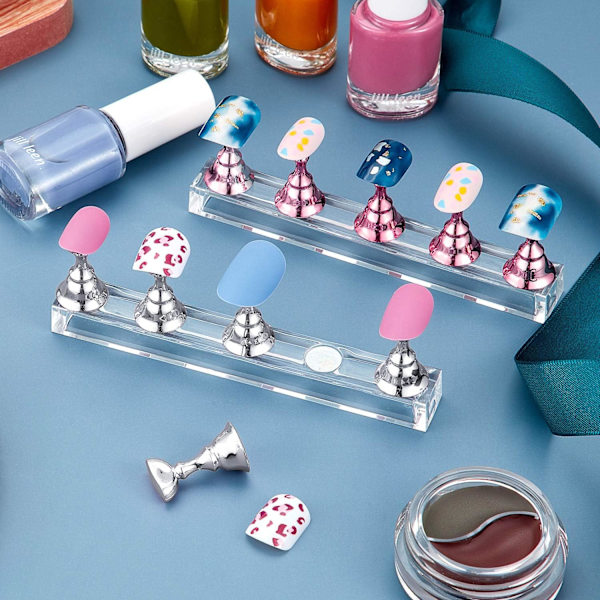 2 set akryl nageldisplayställ nagelövningsställ magnetisk nagelövningshållare fingernagel DIY nageldesignställ för falska naglar manikyrverktyg (P Pink and Silver