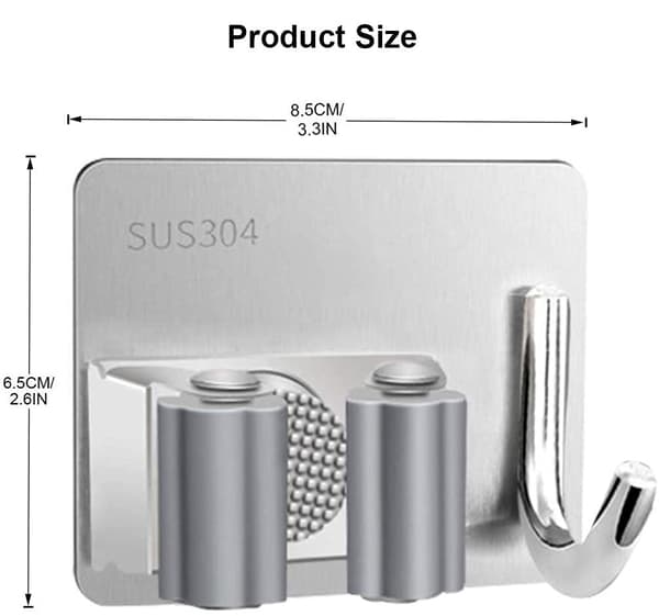 Broom Mop Holder, 2 Pack Wall Mounted Self Adhesive Stainless Steel Brush Handle Holder with Hook