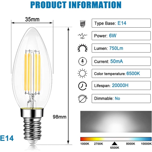 E14 LED Filament Stearinlys Pærer 6W, 750LM 57W Ekvivalent, C35 SES Små Edison Skrue Led Pærer, Kald Hvit 6500K Dagslys, Ikke-dimbar 6W E14 Cool White 6pcs 6W E14 Cool White 6pcs