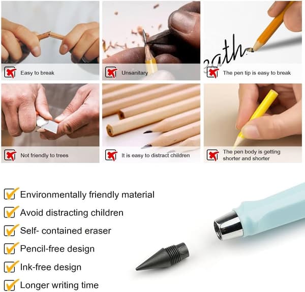 6 Pcs Inkless Pencils, Reusable Eternity Pencil with Replaceable Nib with 6 Replacement Nibs, Portable Infinite Pencil