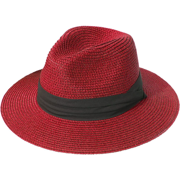 Dame Halm Panama Hat Fedora Strand Solhatt Bred Bremskjerm Halm Rull opp Hat UPF 50+ Straw Panama Red One Size