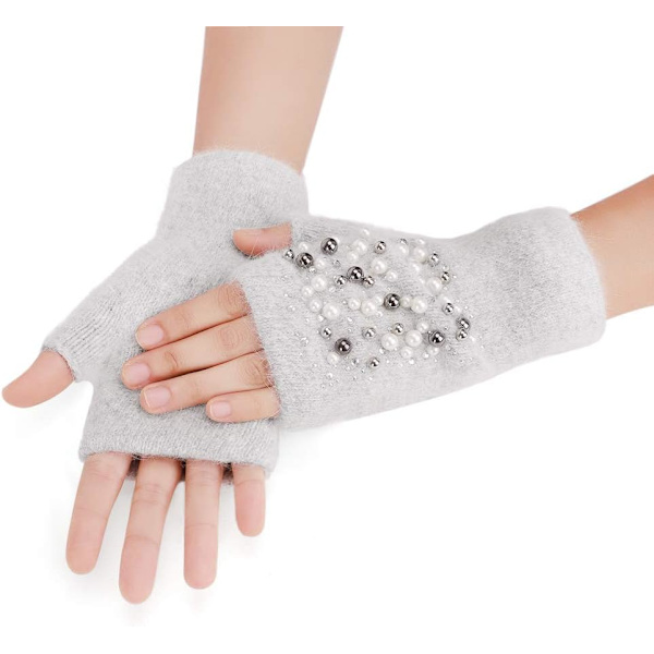 Vinterhandskar för flickor, söta tecknade djurklövar, halvfinger, tjocka & varma, mjuka plysch, korallfleece, snöre, vantar Pearled Light Grey