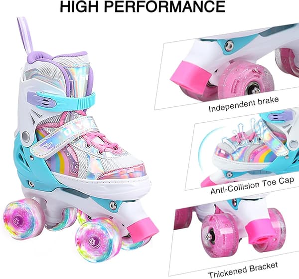 Kids Roller Skates Roller Boots, 8 Luminous Wheels and 4 Adjustable Sizes, Quad Skates with Storage Bag, Double Row Roller Skates Pink