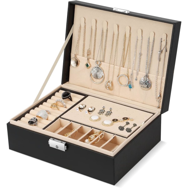 Smyckeskrin, 2-lagers låsbar case , PU-läder smyckesförvaringsskärm med halsbandshängare Avtagbara avdelare, fo Black