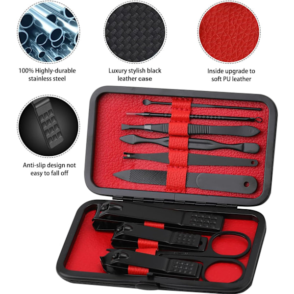 Manikyrset Nagelsax Kit Professionella Rostfria Nagelvård Verktyg med Läder Resväska 10 i 1 Svart