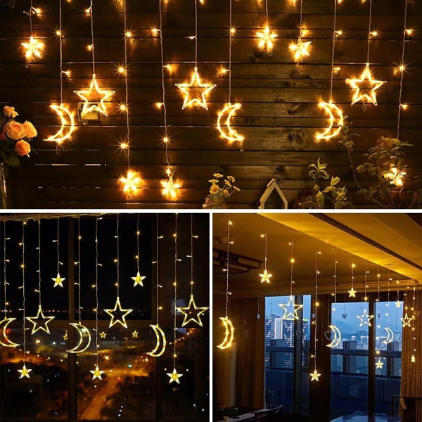 LED-lysstreng med stjerner og måne, vindugardinlys, batteridrevet, 3,5 m/11,5 fot, fest, hage, hjem, bursdag, varm hvit