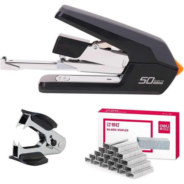 Deli Effortless Desktop Stapler, 40-50 Sheet Capacity, One Finger Touch Stapling, Easy to Load Ergonomic Heavy Duty Stapler, Includes 1500 Stapl