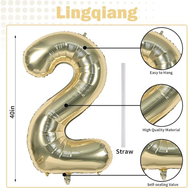 lloon Nummer 2 Champagne Guld, Stor Folie Ljus Guld Nummer Ballonger Set 0-9 för Kvinnor Män, Digital 2 Helium Ballonger för Pojkar Flickor 2:a Födelsedag A Champagne Gold Number 2