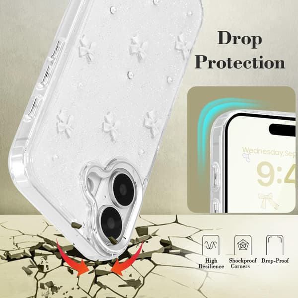 Case for iPhone 16, Bling Glitter 3D Bow Phone Case Cute Sparkly Crystal Clear Bow Slim Soft Durable Protective Case Whit