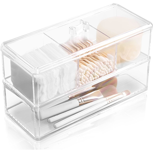 Q-tip-holderdispenser, 2-lags bomuldsholder til vatpinde, bomuldspudebeholder til badeværelsesforfængelighed bordpladeopbevaring, skuffeorganisator til Acrylic 2Layer