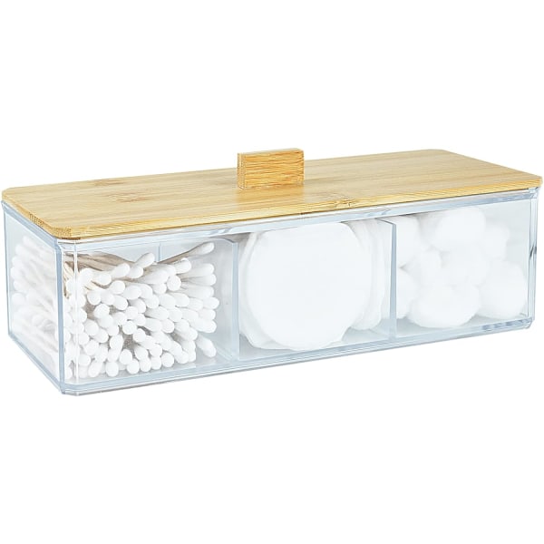 Akryl Q-tips holder dispenser med trelokk, bomullsballholder med 3 rom, baderomsarrangør for Q-tips, bomullspinne og bomullsputeholder, Vani Wood Lid