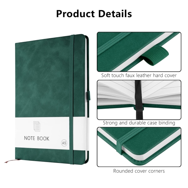 A5 Notebook Journal Notebook A5 Notisblok PU Læder Notebook til Kontor Skole Hjem Forretning Skrivning & Notering 200 Sider (100 Ark)-Grøn