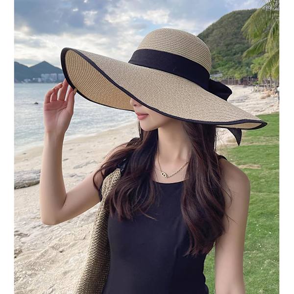Kvinner Foldbar Floppy Bred Bremskjerm Solhatt Sommer Strandhatt UV UPF 50+ 07Style Beige
