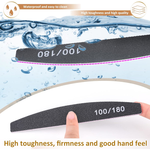 iles, Professionella nagelfilar, 12 st 100/180 Grit dubbelsidig Emery Board nagelfil set, tvättbara nagelfilar verktyg för manikyr (svart) black