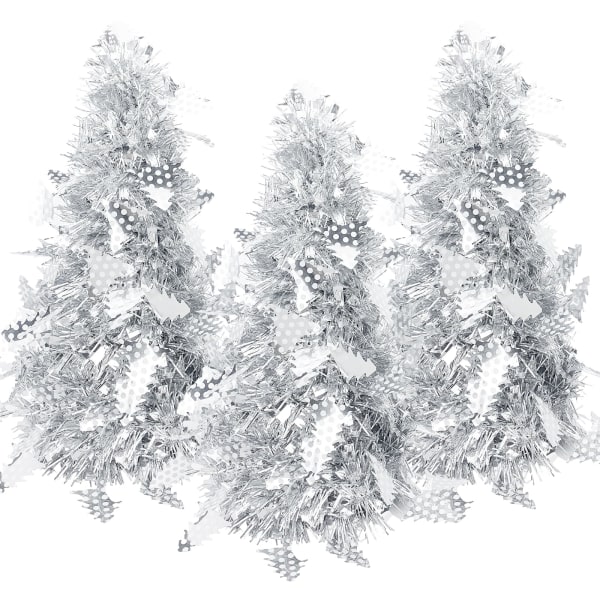 Mini juletræ, lille juletræ, kunstig pailletter tinsel bordplade juletræ Desktop dekoration træ til hjemmekontoret (3 pakke) (sølv)