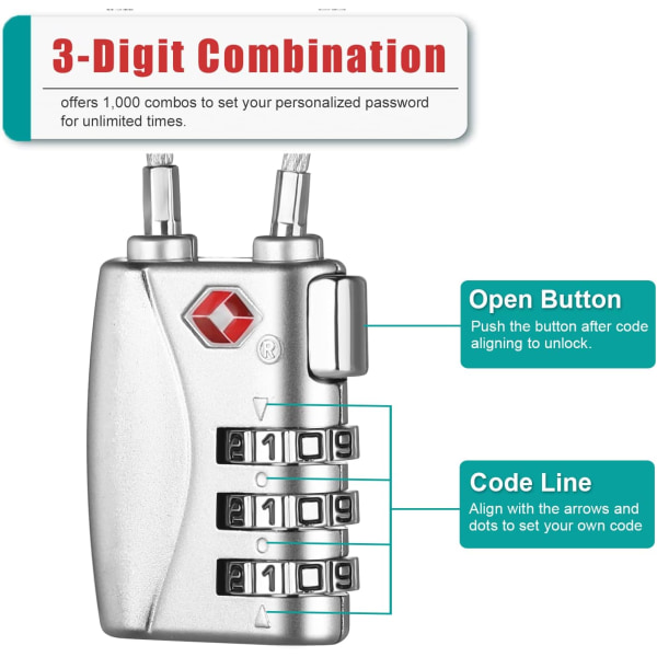 TSA-godkjente bagasjelåser, fleksible kabellåser for reiser, kodede koffertlåser, små hengelåser med 3-sifret kombinasjon for kofferter, bagasje, B 2p, Silver