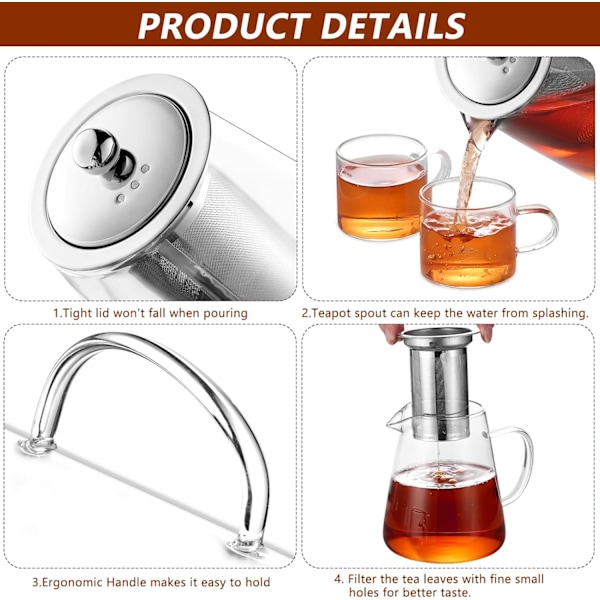 Klar glas tekande med si, rund form tekande, varmebestandig borosilikat glas si tekande, komfursikker tekande (750ML) 750ml 750ML
