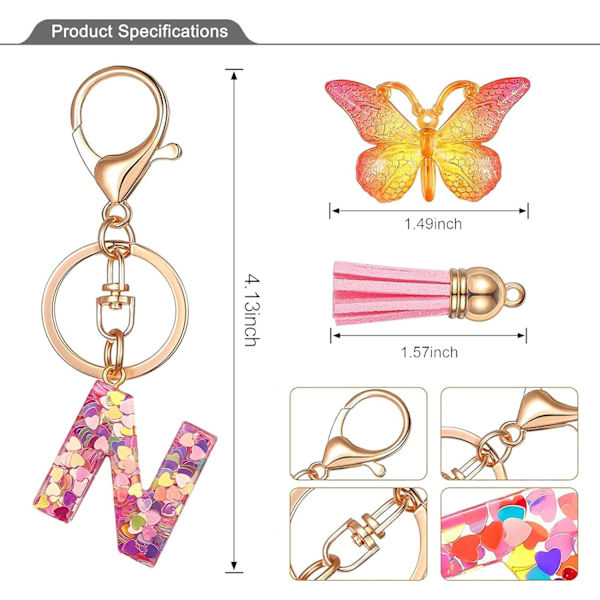 Nyckelringar i form av initialer för kvinnor Tofs Fjäril Rosa Lila Söt Bilnyckelring för Plånbok Handväskor Ryggsäck A-Z Pink N