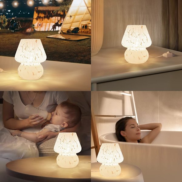 Svampe Lampe, Natbordlampe, Lille Glaslampe til Soveværelse Stue, Murano Æstetisk Lampe Fødselsdagsgave, Hvid White 1pack mushroom lamp