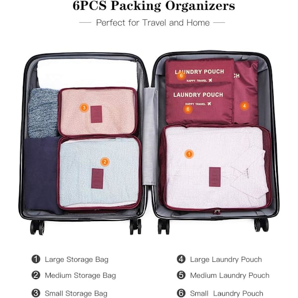 6-pack reseväskor med dragkedja för kläder, underkläder och strumpor (vinröd) Burgundy 6 size