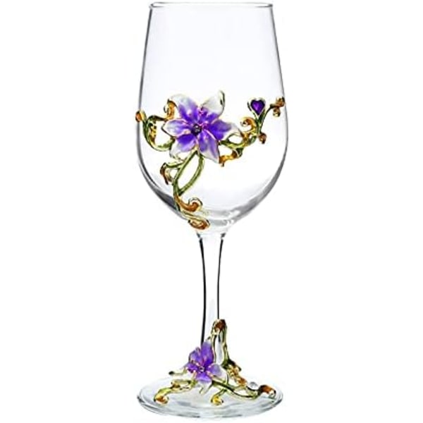 Håndmalte emaljerte blomsterblyfrie vinglass, 320 ml/10,8 OZ røde/hvite krystallvinglass (lilla kopplilje) Purple Cup Lily