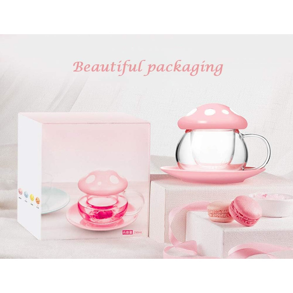 Entonic Sød Svampe Glas Tekop med Infuser og Ske, Klar Kawaii Tekande med Si Filter, Keramisk Låg og Coaster, Varmebestandig Yellow 4 Piece set