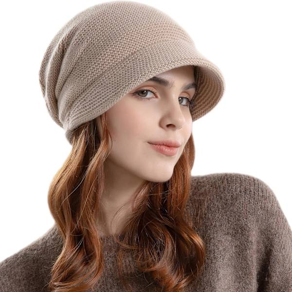 Vinterlue for kvinner, strikket, med fleecefôr, varm lue med brem, trekk over ørevarmere, beretlue, newsboylue, hverdagslig vinterutstyr Khaki One size
