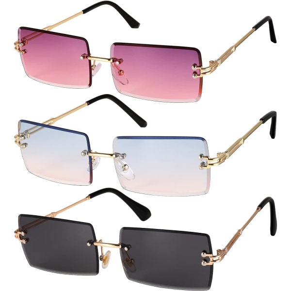 3 stk Firkantede kantløse solbriller Mode uden stel Briller Briller Rektangel Gennemsigtige briller til kvinder Mænd (tilfældig farve)