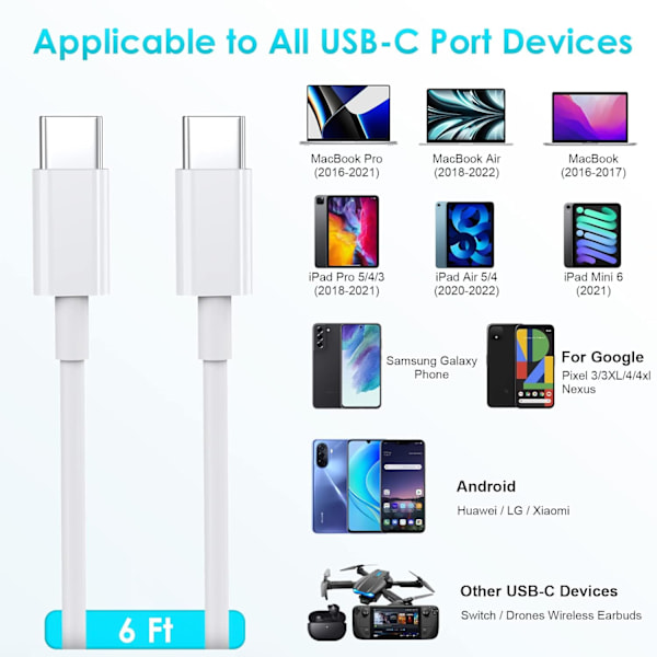 til USB C-kabel, 6FT USB C-opladerkabel 100W 5A hurtigopladning Type C-kabel til iPhone 15/15 Plus/15 Pro/15 Pro Max,iPad Pro/Air/Mini,MacBoo 6FT
