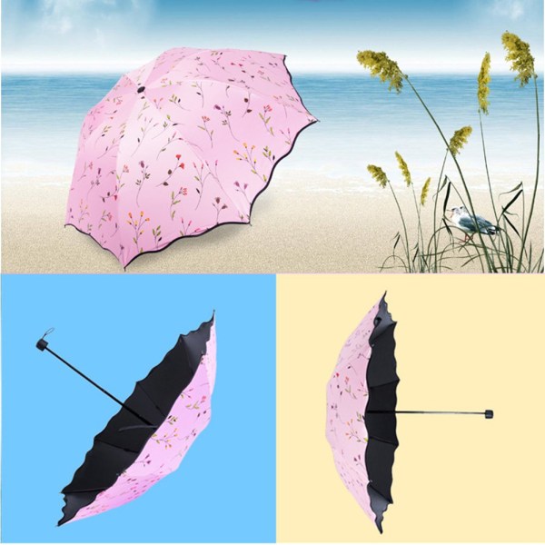 Paraplyer til kvinder Dame solparaplyer UPF 50 UV-beskyttelse Letvægts vindtæt parasol Triple Folde Paraply (Pink)