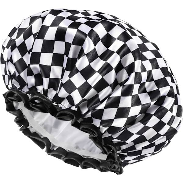 Brusekappe til kvinder, 2-pak, genanvendelig, dobbeltlags vandtæt badehætte med blødt PEVA-for, brusekappe til langt hår, medium, ternet Checkerboard Medium (Pack of 2)