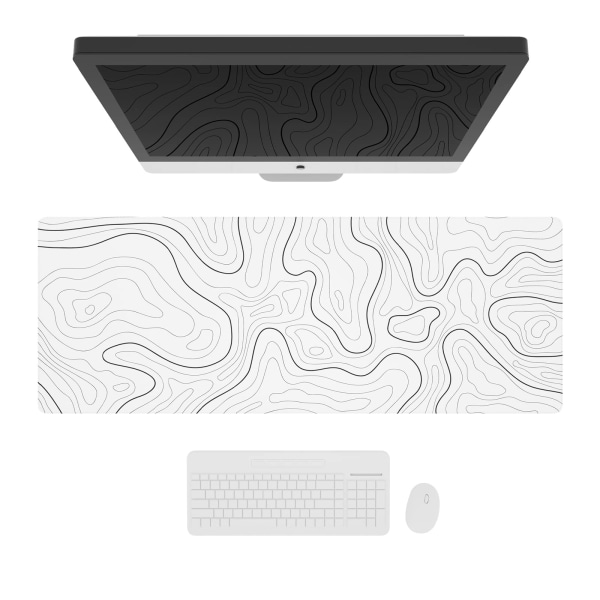 Stor spillmusematte med sydde kanter, minimalistisk topografisk kartskrivebordsmatte, utvidet XL musematte med anti-skli base, 31,5 x 11,8 tommer, hvit