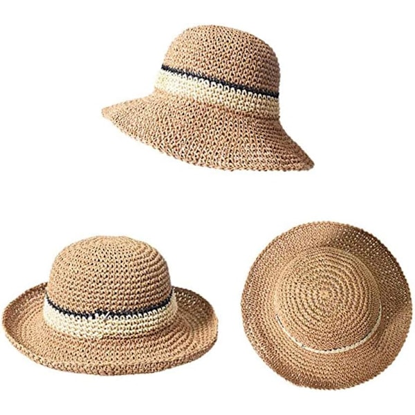 Solhatt Floppy Halmhatt Bred Brätte Fällbar UV-skydd Hink Sommar Strandhatt för Flickor Kvinnor Khaki One Size