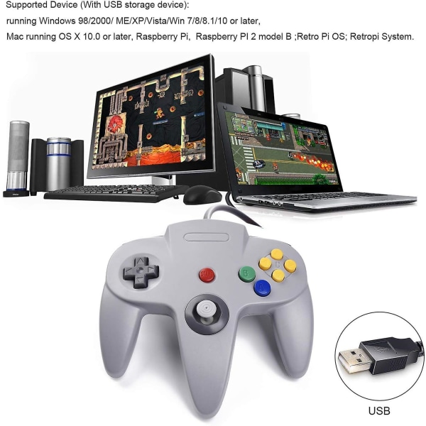 USB Gamepad för N64-spel, klassisk N64-bitars USB kontroll för Windows PC Mac Linux Raspberry Pi 3 Grey