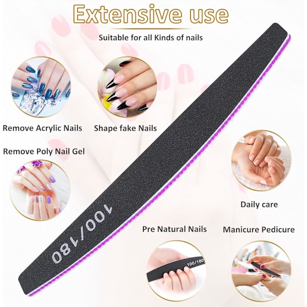 iles, Professionelle neglefile, 12 stk. 100/180 grit dobbeltsidet sandpapir neglefil sæt, vaskbare neglefil værktøjer til manicure (sort) black