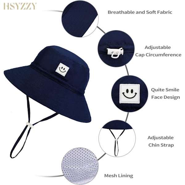 Baby Solhatt Leende Ansikte Småbarn UPF 50+ Solskyddande Hinkhatt Fin Strandhatt för Baby Flicka Pojke Justerbar Mössa Navy 06 Months