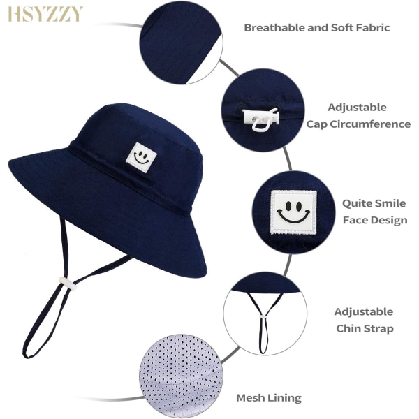 Baby Solhatt Smilende Ansikt Småbarn UPF 50+ Solbeskyttende Bøttehatt Fin Strandhatt for Baby Jente gutt Justerbar Cap Navy 918 Months