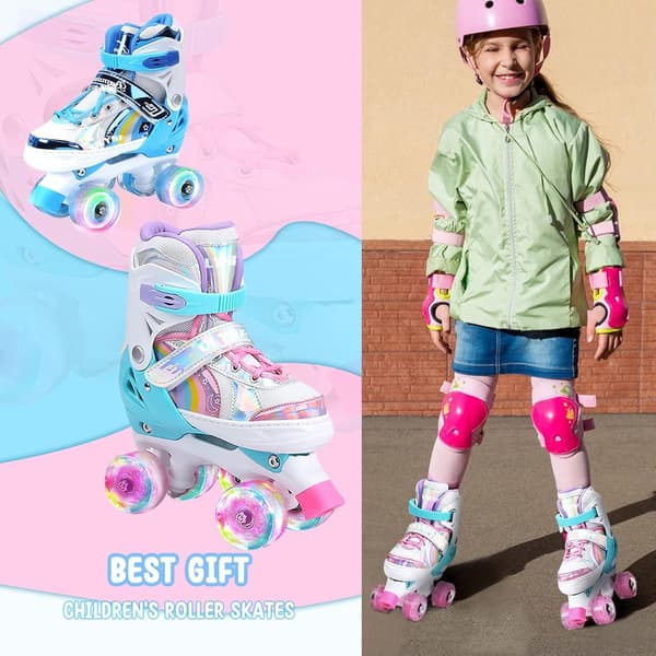 Kids Roller Skates Roller Boots, 8 Luminous Wheels and 4 Adjustable Sizes, Quad Skates with Storage Bag, Double Row Roller Skates Pink