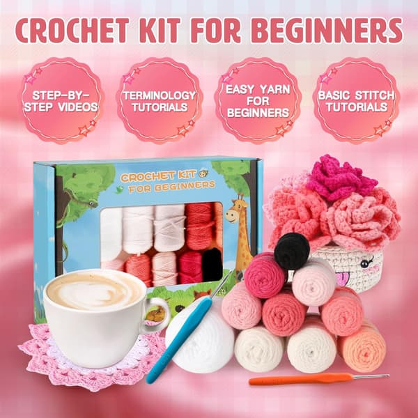 Crochet Kit for Beginners Adults, 6 Handmade Coasters with 1 Plant Pot Crochet Kit, with Crochet Hooks with Video Tutorial