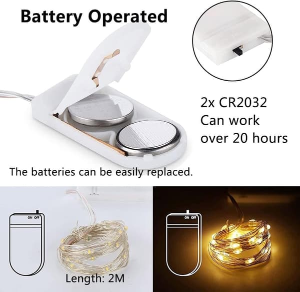 12 Pcs String Lights, 20 LED Copper Wire Lights Battery Operated, 2m Micro Lights for DIY Party Decor Camping, Warm White
