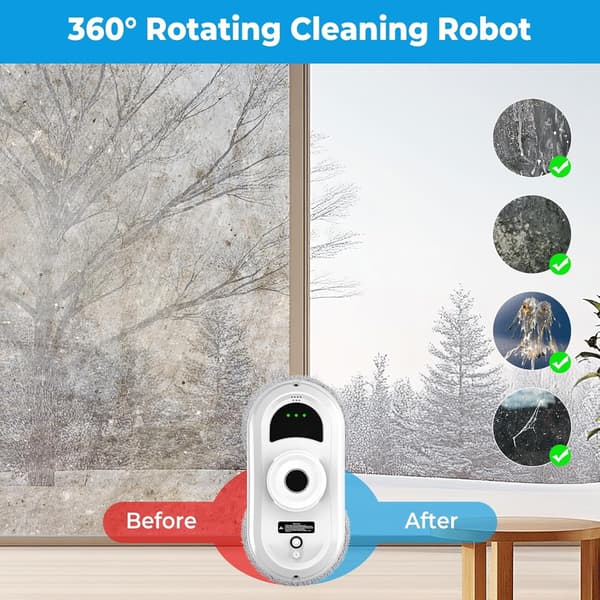 Automatic Window Cleaning Robot with 5600 Pa Suction Power, Intelligent Navigation, Remote Control, Edge Detection, and Safety Mode.