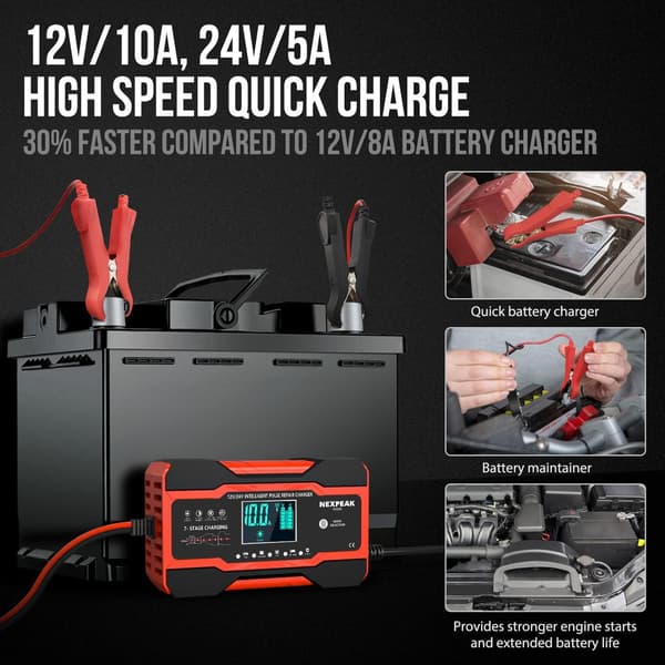 10 amp bilbatterilader, helautomatisk smart batterilader for 12 volt og 24 volt
