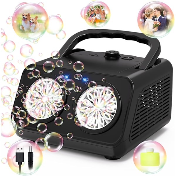 Automatisk bubbelmaskin, professionell bubbelmaskin 2 lägen för barn 20000+ bubblor/min, 26 hål bärbar elektrisk bubbelblåsare leksaker med 120 ml så Black