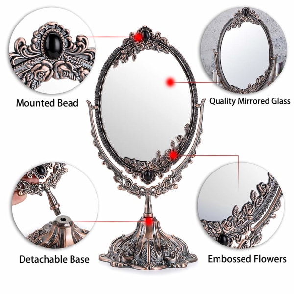 Sminkspegel Vintage Spegel Oval Dubbelsidig Roterbar Dressing Spegel Skrivbordsskåp Dekorativ Stående Bordsskiva (liten) (röd brons)