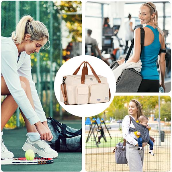 Sports- og træningstaske til kvinder og mænd med skorum, weekendrejsetaske, overnatningstaske til kvinder, sammenklappelig vandafvisende hospitalstaske Beige&brown (With Toiletry Bag)