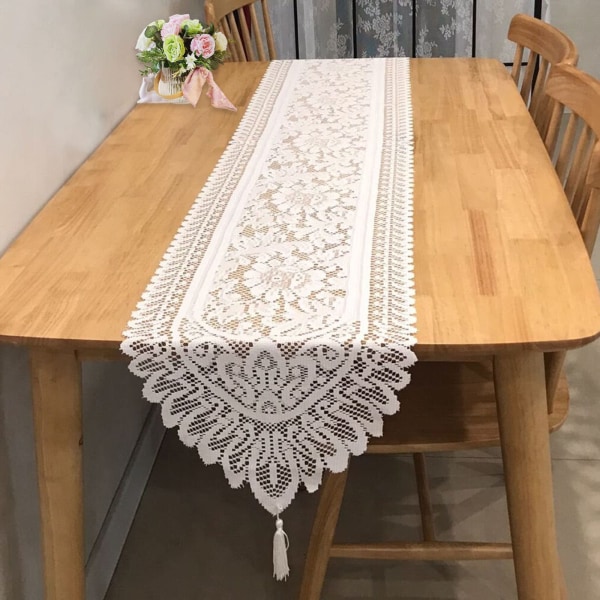 Blondebordløber Hvid til bryllupsfestival Festbord midtpunkt i hjemmet, 90x33 cm (hvid)