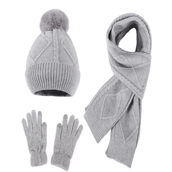 Damehue tørklæde og handsker sæt, vintervarmer pompom hat kabelstrik tørklæde og handsker julefødselsdagsgaver til kvinder, grå