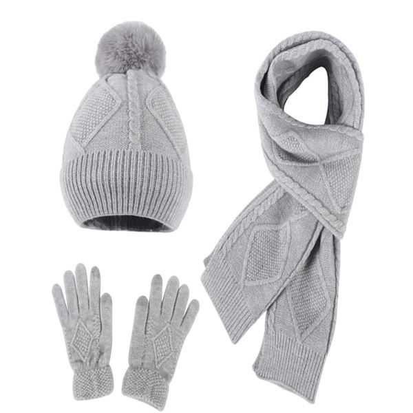 Hatt, Halsduk och Vantar Set för Kvinnor, Vintervärmare Pompom Hatt Kabel Stickad Halsduk och Vantar  Födelsedagspresenter för Kvinnor, Grå